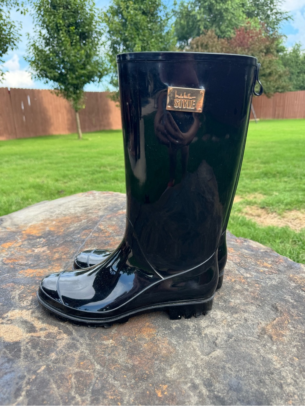 Nicole Miller New York Tall Rain Boots Black Glossy Rubber Lug Sole Sz 9M - Picture 3 of 13